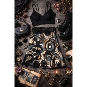 Wrapper Womens Skirt Medium Black Floral Geometric Retro Mesh Overlay Whimsigoth